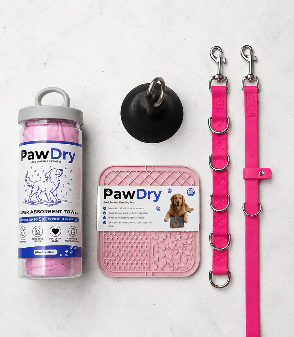 PawDry Complete 5-Piece Dog Bath & Grooming Bundle – Drying Towel, Lick Mat, Grooming Strap, Extender & Suction Cup