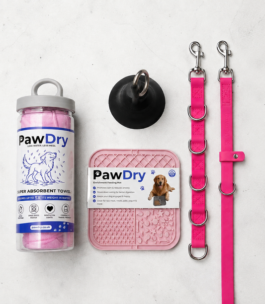 PawDry Complete 5-Piece Dog Bath & Grooming Bundle – Drying Towel, Lick Mat, Grooming Strap, Extender & Suction Cup